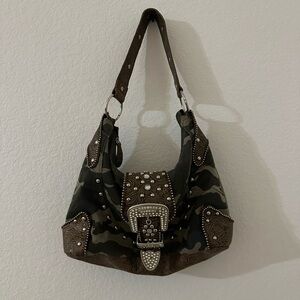 Camouflage and Brown Studded Women's Bag
